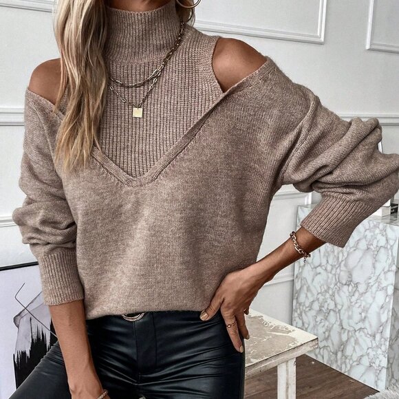 Khaki Casual Womens Turtleneck Cold Shoulder 2 In 1 Sweater - Picture 3 of 5